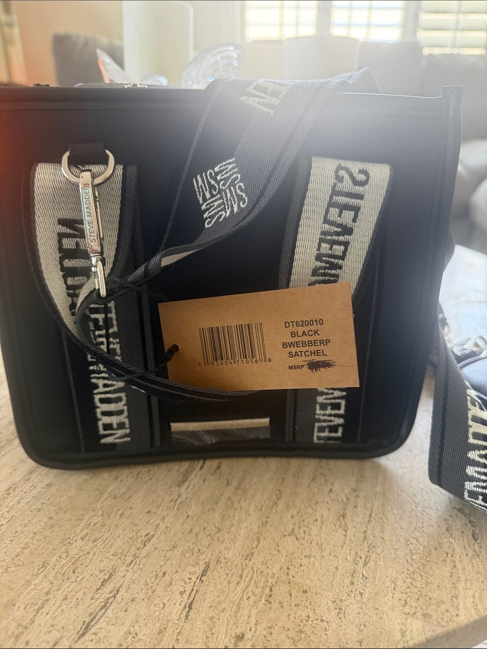 Steve Madden Black Satchel with White Branded Straps